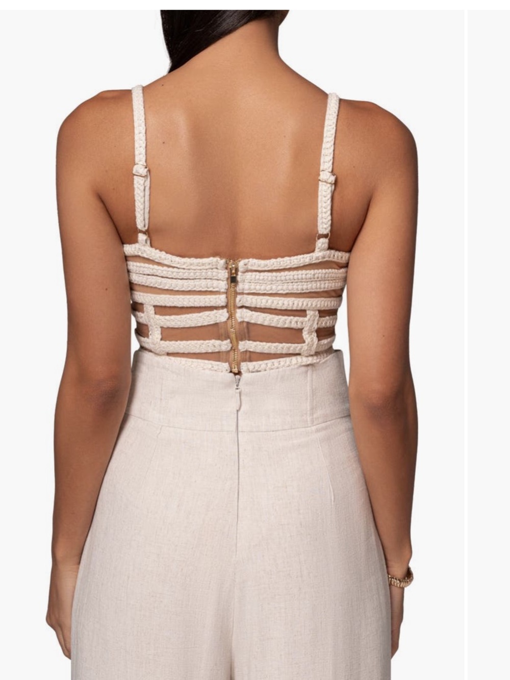 JLUXLABEL Beige Crochet Strap Crop Top